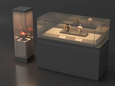 Sturdy Tall and Low Display Shelves with Glass Cover Gray Base for Artifacts 3d model