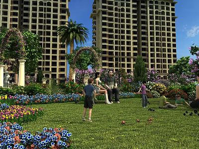 Garden Landscape With Tall Buildings Lush Lawn Colorful Flowers Palm Trees And Arched Trellis 3d model
