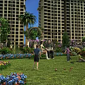 Garden Landscape With Tall Buildings Lush Lawn Colorful Flowers Palm Trees And Arched Trellis