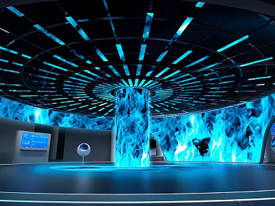 Futuristic Exhibition Hall With Circular Ceiling Blue Lighting Illuminated Pillar And Digital Screen 3d model