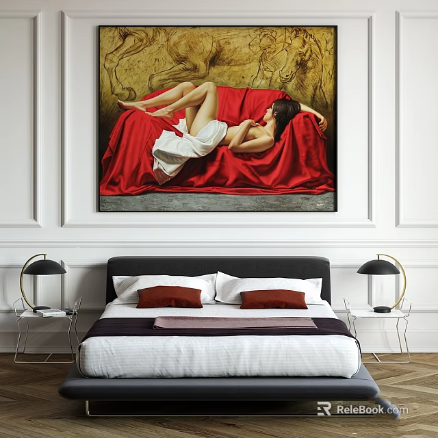 Bedroom Decor With Red Cloth Painting Modern Bed And Bedside Lamps 3d model 