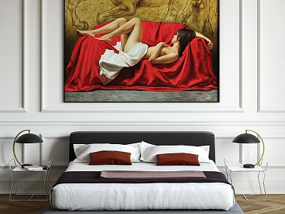 Bedroom Decor With Red Cloth Painting Modern Bed And Bedside Lamps 3d model