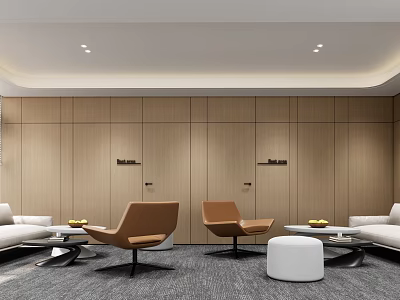 Modern Conference Room Interior Design With Wooden Panel Walls Sofa Armchairs And Coffee Tables 3d model