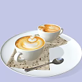 Two Cups of Coffee With Heart Shaped Foam Art On White Plate And Napkins Spoon