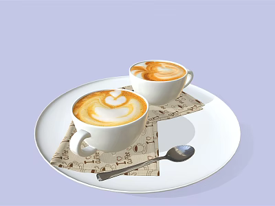 Two Cups of Coffee With Heart Shaped Foam Art On White Plate And Napkins Spoon 3d model