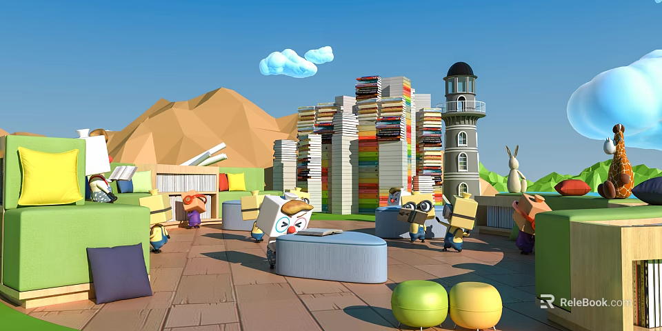 Cartoon Scene Plaza With Blue Sky White Clouds Mountain Colorful Buildings Lighthouse And Characters 3d model 