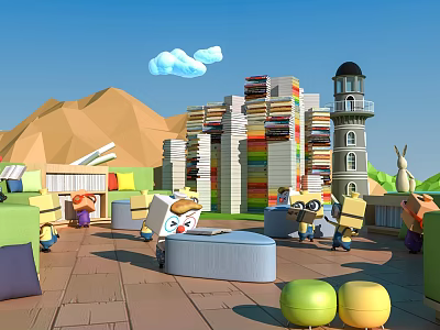 Cartoon Scene Plaza With Blue Sky White Clouds Mountain Colorful Buildings Lighthouse And Characters 3d model