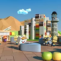 Cartoon Scene Plaza With Blue Sky White Clouds Mountain Colorful Buildings Lighthouse And Characters