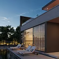 Modern Detached Villa With Swimming Pool Sun Loungers Glass Walls And Evening View
