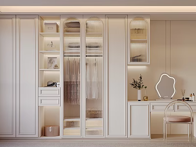 Elegant Modern Wardrobe Interior With White Finish Glass Door Open Shelves And Dresser Mirror 3d model