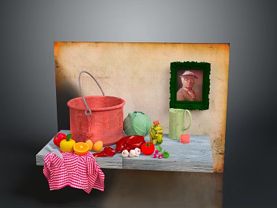 Vintage Decorative Ornament Combination With Red Bucket Green Mug Vegetables Checkered Cloth And Framed Portrait 3d model