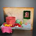 Vintage Decorative Ornament Combination With Red Bucket Green Mug Vegetables Checkered Cloth And Framed Portrait