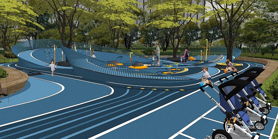 Outdoor Garden Landscape Design With Children's Playground Blue Ground Climbing Nets And Trees 3d model 