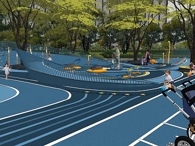Outdoor Garden Landscape Design With Children's Playground Blue Ground Climbing Nets And Trees 3d model