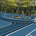 Outdoor Garden Landscape Design With Children's Playground Blue Ground Climbing Nets And Trees