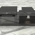 Modern Black Kitchen Appliances With Glass Fronts And Sleek Design On Marble Countertop