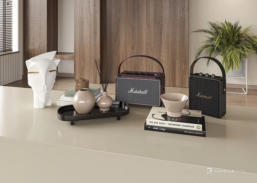 Elegant Modern Decorative Ornament Set With Tray Vase Radio Style Decor And Books 3d model 