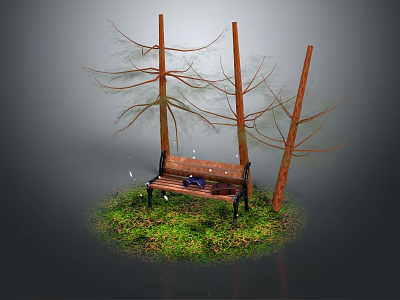 Wooden Outdoor Bench in Natural Setting with Trees and Green Grass 3d model