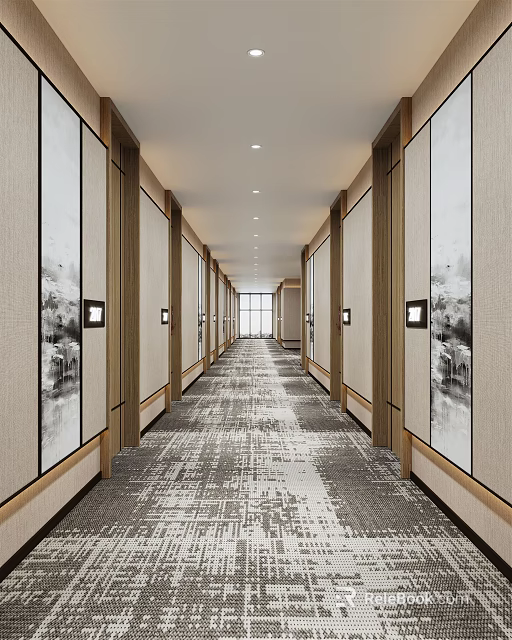 Elegant Hotel Corridor Featuring Patterned Carpet Artwork And Recessed Lighting 3d model