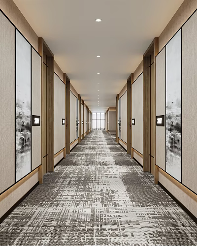 Elegant Hotel Corridor Featuring Patterned Carpet Artwork And Recessed Lighting 3d model