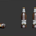 Four Brown Beer Bottles With Labels One Lying On Dark Reflective Surface 3d model