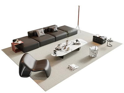 Modern Leather Sofa and Coffee Table Set with Accent Chair Floor Lamp and Area Rug 3d model