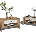 Light Wood Bedside Tables with Drawer Open Shelf Greenery Vase Teddy Bear and Table Lamp
