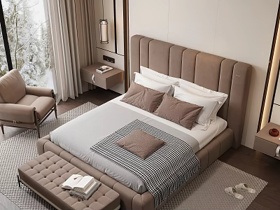 Modern Bedroom Interior With Tufted Headboard Checkered Blanket And Snowy Window View 3d model
