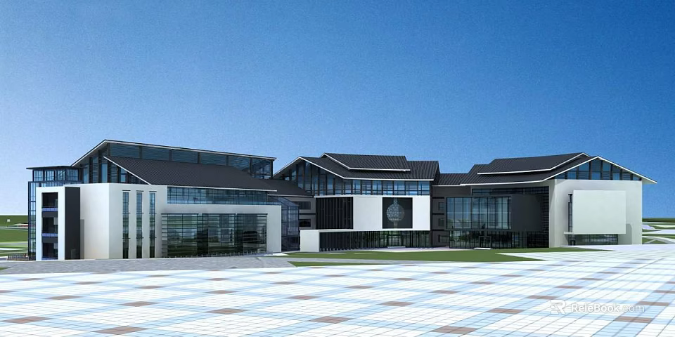 Modern Traditional Cultural Center Exterior With Sloped Roof Glass Curtain Wall And Front Plaza 3d model 