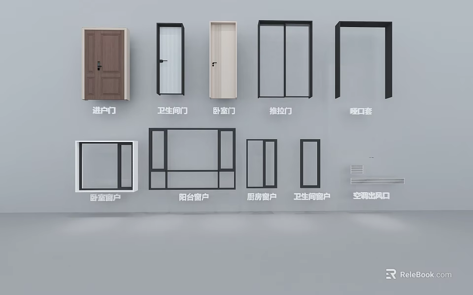 Different Types of Interior Doors and Windows with Bathroom Sliding and Casement Designs 3d model 