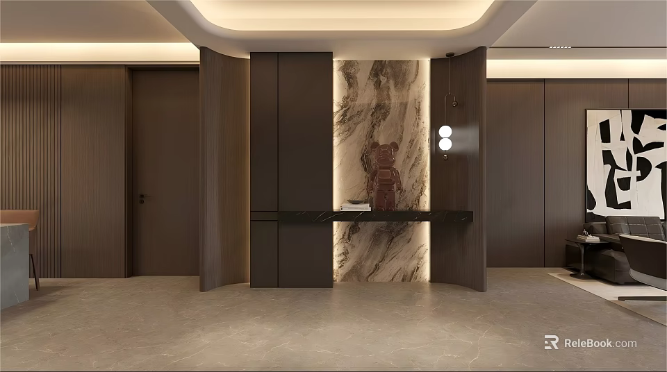 Elegant Modern Entryway Cabinet with Side Cabinet Marble Accent Wall and Pendant Lighting 3d model 