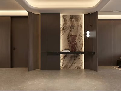 Elegant Modern Entryway Cabinet with Side Cabinet Marble Accent Wall and Pendant Lighting 3d model