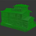 Cartoon Scene Featuring Wooden House With Gray Roof Multiple Windows And Small Red Boat