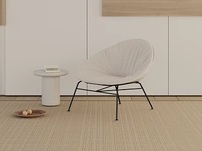 White Fabric Lounge Chair With Black Metal Legs And Round Side Table On Beige Carpet 3d model