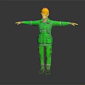Human Worker In Green Reflective Uniform With Yellow Helmet Standing Arms Outstretched On Dark Background