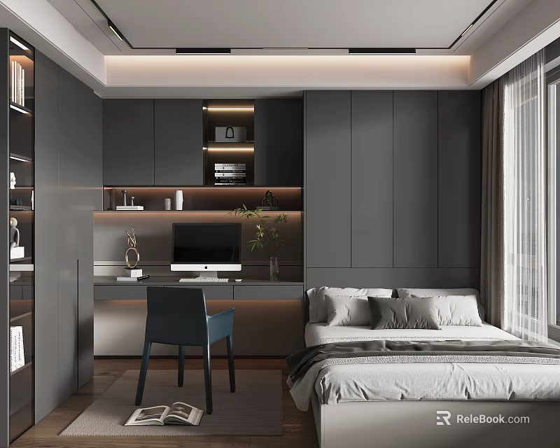 Modern Tatami Bedroom With Writing Desk Storage Cabinets And Potted Plant 3d model 