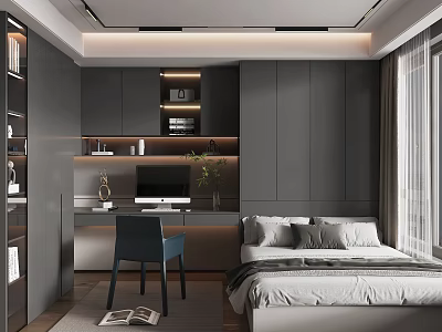 Modern Tatami Bedroom With Writing Desk Storage Cabinets And Potted Plant 3d model