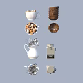 Assorted Kitchen Utensils With Ceramic Bowls Egg Holders White Pitcher Spoons And Coffee Grinder 3d model