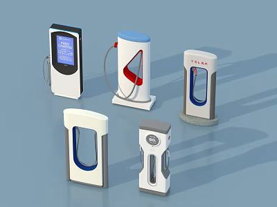 Electric Vehicle Charging Stations Modern Design With Different Types And White Blue Color 3d model