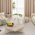 Beige Sofa And Coffee Table Set With Curtains Window Green Plant Floor Lamp And Stuffed Toys