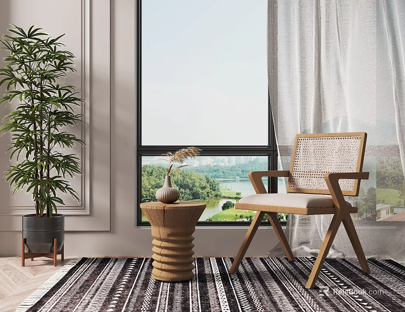 Modern Accent Chair By Window With Light Curtains Small Wooden Table Green Plant And Rug 3d model 