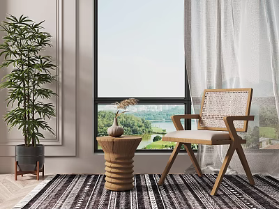 Modern Accent Chair By Window With Light Curtains Small Wooden Table Green Plant And Rug 3d model