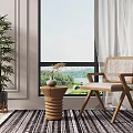 Modern Accent Chair By Window With Light Curtains Small Wooden Table Green Plant And Rug