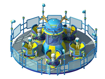 Space Themed Blue Amusement Rides With Multiple Cabins Fence And Light Decorations 3d model
