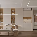 Modern Minimalist Living And Dining Room With Light Colored Wooden Staircase And Built In Cabinets