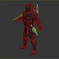 Armored Sci Fi Character Standing With Metallic Armor Red Details And Back Weapon 3d model