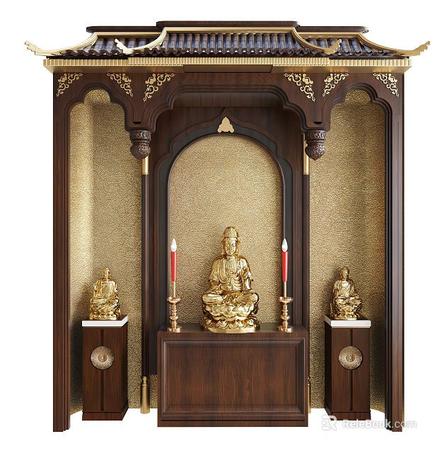 Elegant Wooden Buddhist Shrine Cabinet With Golden Buddha Statue Candle Holders And Side Decorations 3d model 