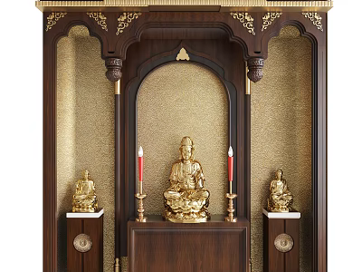 Elegant Wooden Buddhist Shrine Cabinet With Golden Buddha Statue Candle Holders And Side Decorations 3d model