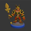 Red Horned Game And Movie Character With Golden Black Armor Holding Spear On Blue Base