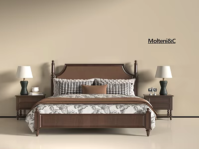 Double Bed with Brown Wooden Headboard Plaid Pillows Patterned Bedspread Side Nightstands White Lamps Molteni&C 3d model
